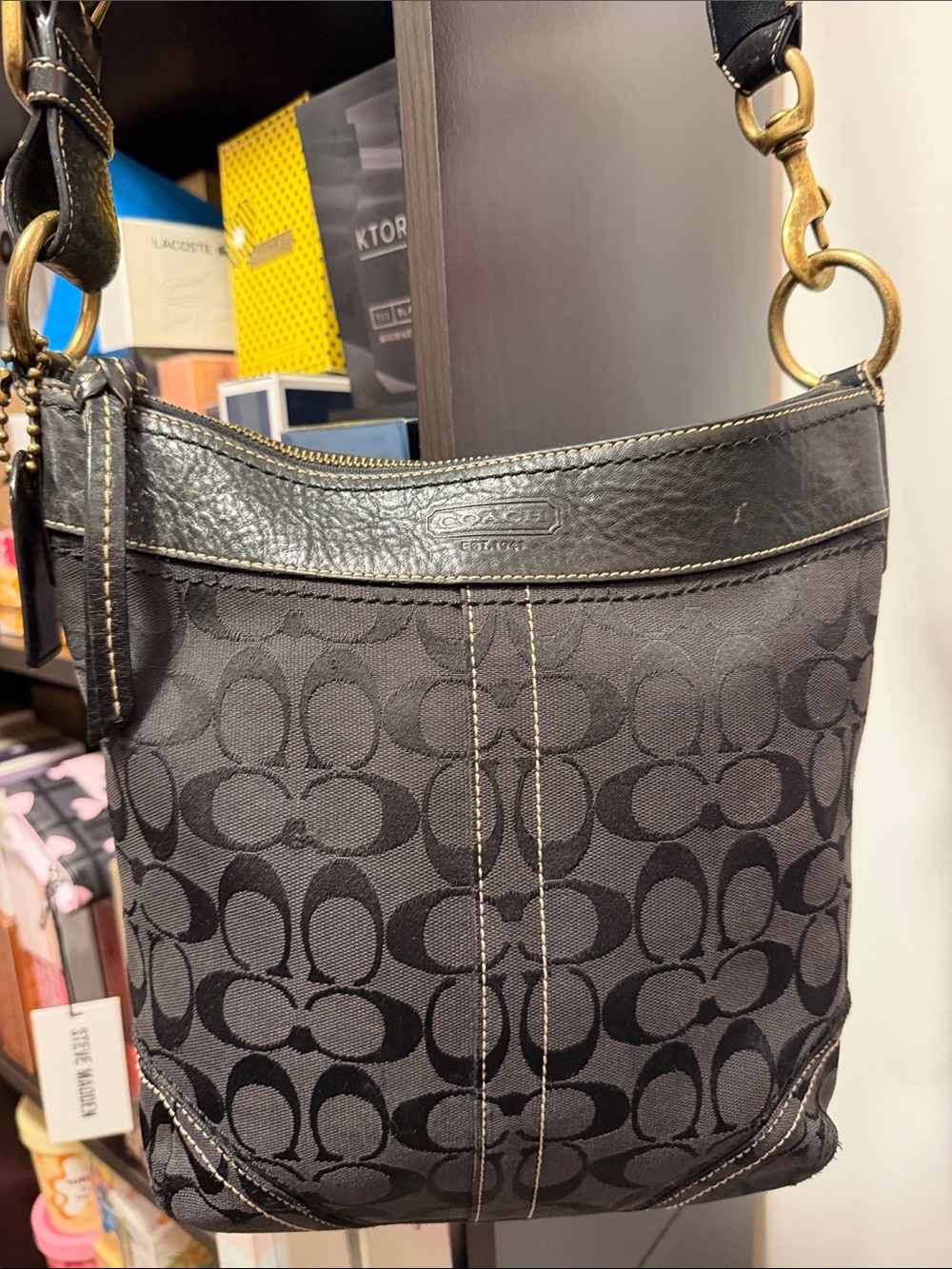 Coach Black Signature Jacquard Crossbody with Leather Trim